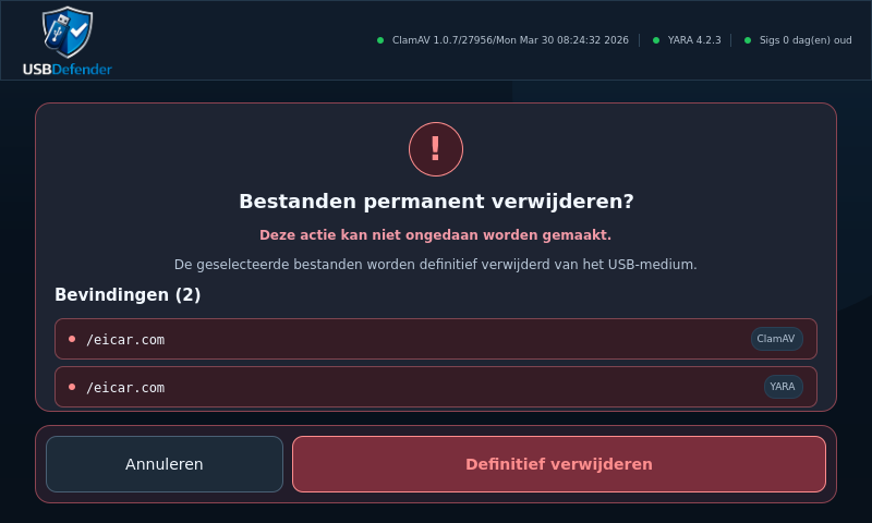 USB Defender — verwijderen bevestigen