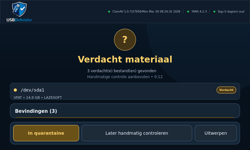 USB Defender — verdacht materiaal